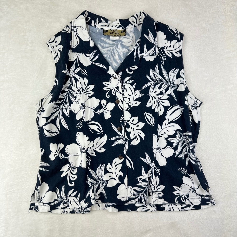 Two Palms Hawaiian Top Womens XL Relaxed Navy Floral Tropical Rayon Sleeveless